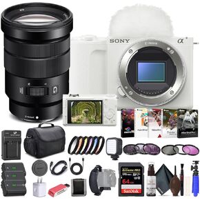 Sony Alpha ZV-E10 II Mirrorless Camera (Body Only, White) (ZVE10M2KW), Sony 18-105mm Lens, 64GB Memory Card, Color Filter Kit, Filter Kit, Photo Software, Bag, 2 x NP-FZ100 Battery, More