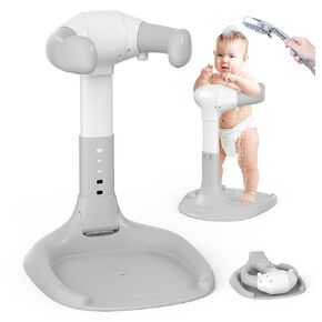 Foldable Baby Shower Stand with Anti-Slip Base, No Assembly/Installation Baby Bath Standing, Adjustable Toddler Bathtub with Stand, Versatile Toddler Shower Stand, Standing Infant Bathtub (Gray)