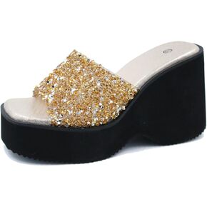 Women'S Sequin Round Open Toe Platform chunky heel Slide Sandals Fashion Glitter Slip On Comfortable Wedge Dress Mule Sandals Summer Outdoor Casual Anti-Slip Beach Walking Slipper Shoes