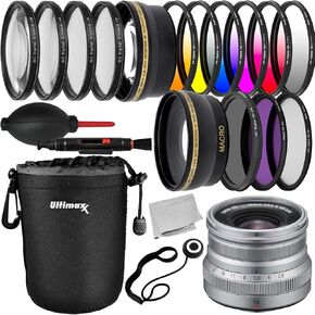 FUJIFILM XF 16mm f/2.8 R WR Lens with Advanced Accessory Bundle: Water-Resistant Lens Pouch, 6PC Gradual Color Filter Kit, 3PC Multi-Coated UV Filter Kit (UV, CPL, FLD) & Much More (Silver)