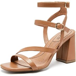 الصنادل المكتنزة للسيدات - مربعة مفتوحة إصبع القدم في الكاحل Strappy Harm Pump Heels حذاء حفل زفاف للنساء .2408092 Tan Size8