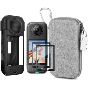 7in1 Compatible with Insta360 X5 Accessories Kit[Silicone Camera Case Cover and Lens Cap][2Pcs 3D Screen Protector Film][Carrying Case Bag with Auto Locking Carabiner and Anti-loss Lock]
