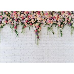 7X5FT White Brick with Flowers Backdrop Occasions Mother's Day Wedding Bridal Shower Birthday Party Banner Background Supplies DH-357