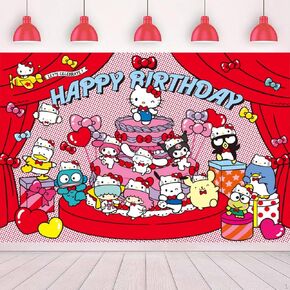 Kawaii Birthday Party Backdrop, 5 x 3FT Kawaii Theme Party Background Banner Photo Props Cute Cat Room Wall Decorations, for Kitty Fans Gift Kids Party Supplies