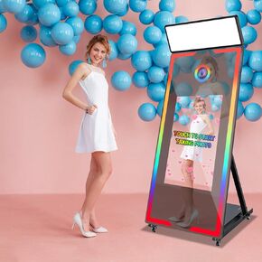 Magic Mirror Photo Booth 65in with 32in Touch Screen with Flight Case Cameras and Printer and Fill Light for Events Parties Wedding Rental (Black+Cameras+Printer)