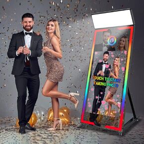 Magic Mirror Photo Booth 65in with 43in Touch Screen with Flight Case Cameras and Printer and Fill Light for Events Parties Wedding Rental (Black+Camera+Printer)