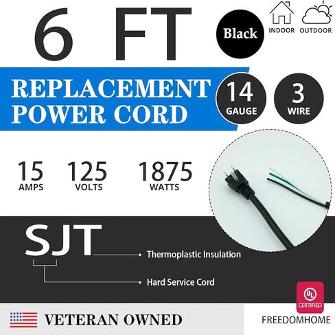 6ft cable power cord pigtral 3 prong 14awg Open Wiring End Hight SJT SJT استبدال سلك الطاقة 110V 115V 120V لـ Universal Action NEMA 5-15 Plug US SJT 14AWG (15A) (14/3) in Kuwait