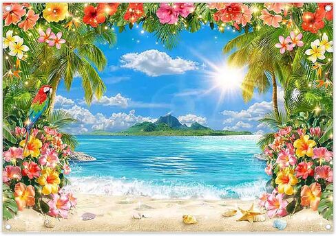 ZTHMOE Fabric 7x5ft Summer Hawaii Beach Photography Backdrop Tropical Palm Trees Blue Sky Ocean Surfboard Flowers Background Luau Party Decorations Aloha Photo Booth Props in Saudi Arabia