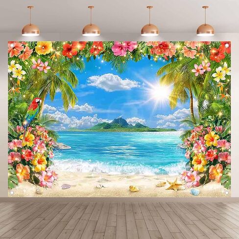 ZTHMOE Fabric 7x5ft Summer Hawaii Beach Photography Backdrop Tropical Palm Trees Blue Sky Ocean Surfboard Flowers Background Luau Party Decorations Aloha Photo Booth Props in Saudi Arabia