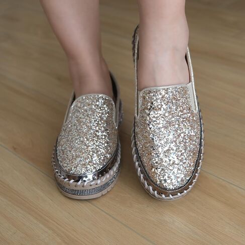 Women's Platform Rhinestones Glitter Fashion Sneakers Comfortable Slip On Flat Loafers Walking Wedding Dress Shoes Casual Shoes in Saudi Arabia