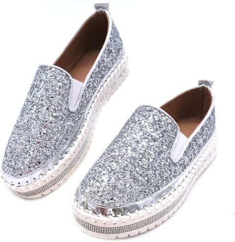 Women's Platform Rhinestones Glitter Fashion Sneakers Comfortable Slip On Flat Loafers Walking Wedding Dress Shoes Casual Shoes in Saudi Arabia