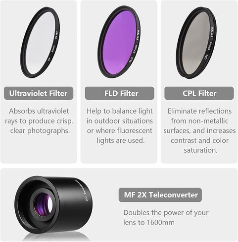 Ando Super Telephoto Zoom Lens F/8.3-16 420-800mm T Mount + UV/CPL/FLD Filter Set + Teleconverter Lens 2X 420-800mm + Adapter Ring T2-EOS Replacement in Saudi Arabia