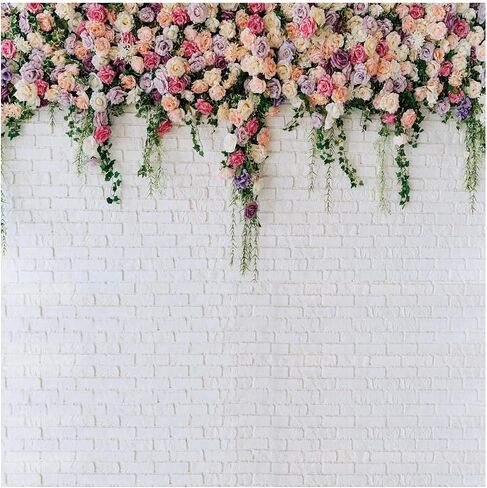 7X5FT White Brick with Flowers Backdrop Occasions Mother's Day Wedding Bridal Shower Birthday Party Banner Background Supplies DH-357 in Saudi Arabia