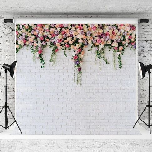 7X5FT White Brick with Flowers Backdrop Occasions Mother's Day Wedding Bridal Shower Birthday Party Banner Background Supplies DH-357 in Saudi Arabia