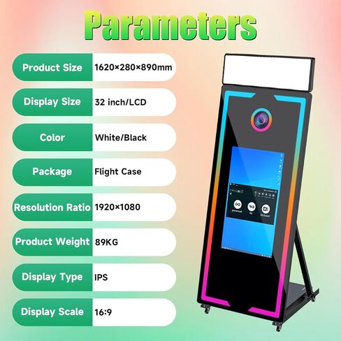 Magic Mirror Photo Booth 65in مع شاشة تعمل باللمس 32 بوصة مع كاميرات علبة الطيران والطابعة وملء الضوء للأحداث استئجار حفلات الزفاف (أسود+كاميرات+طابعة) in Kuwait