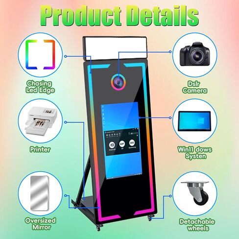 Magic Mirror Photo Booth 65in مع شاشة تعمل باللمس 32 بوصة مع كاميرات علبة الطيران والطابعة وملء الضوء للأحداث استئجار حفلات الزفاف (أسود+كاميرات+طابعة) in Kuwait