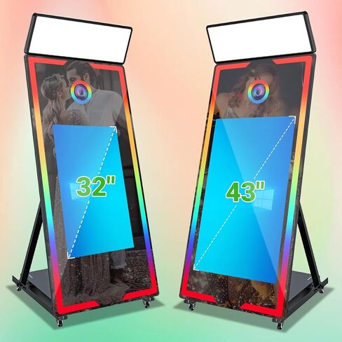 Magic Mirror Photo Booth 65in مع شاشة تعمل باللمس 32 بوصة مع كاميرات علبة الطيران والطابعة وملء الضوء للأحداث استئجار حفلات الزفاف (أسود+كاميرات+طابعة) in Kuwait