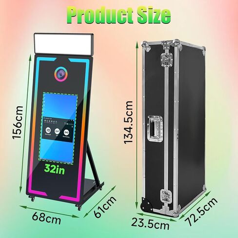 Magic Mirror Photo Booth 65in مع شاشة تعمل باللمس 32 بوصة مع كاميرات علبة الطيران والطابعة وملء الضوء للأحداث استئجار حفلات الزفاف (أسود+كاميرات+طابعة) in Kuwait