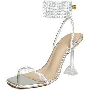Women's Sparkly Glitter Shine Clear Heels Rhinestones Ankle Strappy Up Heels for Women Sandals