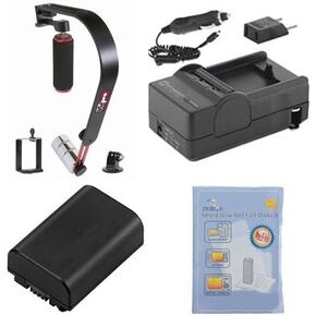 Accessory Kit Compatible with Synergy Digital, Works with Sony PXW-X70 Camcorder includes: SDNPFV50NEW Battery, SDM-109 Charger, ZELCKSG Care & Cleaning, SB-8 Video Stabilizers