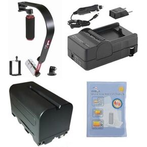 Accessory Kit Compatible with Synergy Digital, Works with Sony HXR-NX3E Camcorder includes: SDNPF770 Battery, SDM-105 Charger, ZELCKSG Care & Cleaning, SB-8 Video Stabilizers