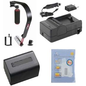 Synergy Digital Camcorder Accessory Kit, Compatible with Sony PXW-X70 Camcorder Includes: SDNPFV70NEW Battery, SDM-109 Charger, ZELCKSG Care & Cleaning, SB-8 Video Stabilizers