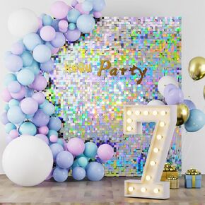 KEQU Shimmer Wall Sequin Backdrop, 24pcs Square Shimmer Wall Sequin Backdrop, DIY Party Shiny Decor for Wedding, Birthday, Anniversary, Graduation, Holiday&Home Background Supplies(Silver)