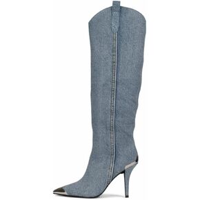 Jeffrey Campbell by-Golly Blue Acid Wash Denim Silver Stiletto Heel Boots
