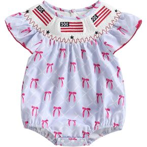 Hekkomird Baby Girl 4th Of July Outfit Cute Fly Sleeves Flag Smocked Bubble Romper Infant Newborn Summer Clothes