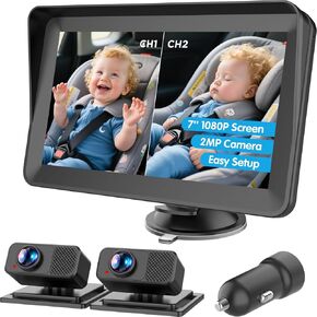 Baby Car Camera for 2 Kids - 7" IPS Split Screen HD 1080P, Dual Cams with IR Night Vision & 150° Wide Angle - USB Powered Easy Install Backseat Monitor for Twins/Siblings Safety
