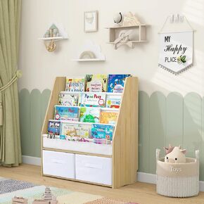 MallBest Childrens Bookshelf Kids Sling Book Rack with Two Storage Boxes and Toys Organizer Shelves Natural Solid Wood Baby Bookcase(Natural)
