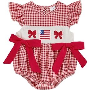 4th Of July Baby Girl Outfits Usa Flag Embroidery Smocked Bubble Romper Cute Newborn Fly Sleeve Bow Bodysuit