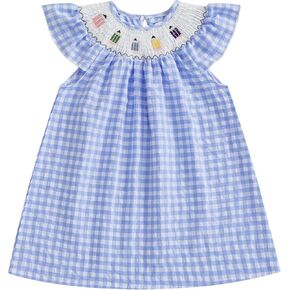 Toddler Girl Back to School Dress Embroidery Short Sleeve Smocked Dress First Day of Preschool Kindergarten Outfit