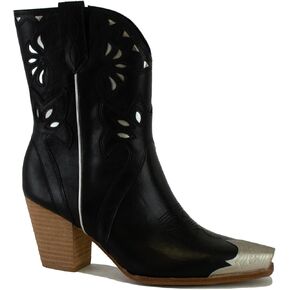 Metal Toe Ankle Boots for Women Western Cowgirl Boots Pointed Toe Boots Stacked Heel Boots Fashion Side Zipper Boots