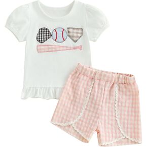 Toddler Baby Girl Summer Outfit Baseball Embroidery Puff Sleeve Ruffle Tops Plaid Lace Trim Shorts Set 2pcs