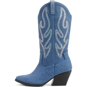 Soda “OZIE" ~ Women Pointed Toe Low Heel Rhinestone Mid-Calf Western Boot