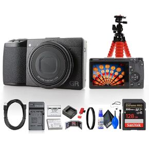 Ricoh GR IIIx HDF Digital Camera (01283) Bundle Including: 128 GB Memory Card, 2X Rechargeable Battery, Battery Charger, Tabletop Tripod, Cleaning Kit, Card Reader, Cap Keeper, and More Accessories