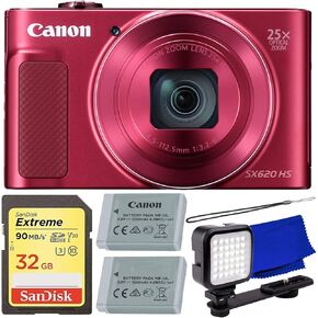 Canon PowerShot SX620 HS Digital Camera (Red) + SanDisk Extreme 32GB Memory Card, Extended Life Replacement Battery (1600mAh), Ultra Bright LED Light with Bracket & More (9pc Bundle) (Renewed)