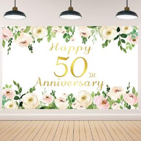 Vlipoeasn Elegant White 50th Anniversary Backdrop, Polyester, Rose Gold Peony Design, Included Rope, for Couple Surprise, Wedding Supplies