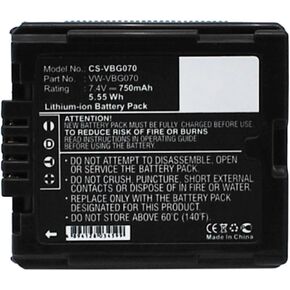 Replacement Battery for Panasonic VW-VBG070/VW-VBG070A/VW-VBG070-K,PN:VW-VBG070/VW-VBG070A/VW-VBG070-K,750mAh