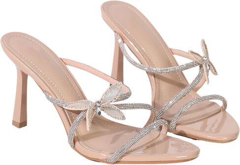 نساء حجر الراين للنساء Strappy Stiletto Slide Sandals Fashion Butterfly Decoration on Round Open Open Tee High Cheels Summer Wedding Prom Virtals Mule Sandals in Kuwait