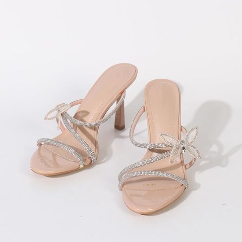 نساء حجر الراين للنساء Strappy Stiletto Slide Sandals Fashion Butterfly Decoration on Round Open Open Tee High Cheels Summer Wedding Prom Virtals Mule Sandals in Kuwait