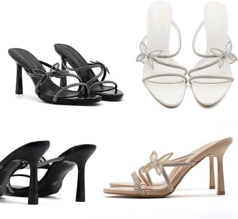 نساء حجر الراين للنساء Strappy Stiletto Slide Sandals Fashion Butterfly Decoration on Round Open Open Tee High Cheels Summer Wedding Prom Virtals Mule Sandals in Kuwait