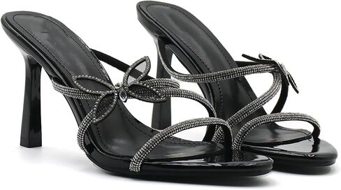نساء حجر الراين للنساء Strappy Stiletto Slide Sandals Fashion Butterfly Decoration on Round Open Open Tee High Cheels Summer Wedding Prom Virtals Mule Sandals in Kuwait