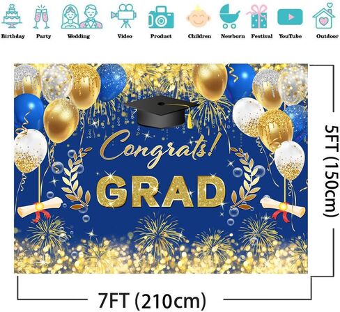 AIIKES 7x5FT Graduation Backdrop Cap Balloon Fireworks 2025 Grad Party Decorations Banner Congrats Backdrops Photo Back Drop 12-539 in Kuwait