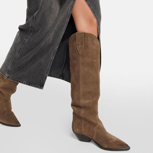 Yishaweiqi Camel Suede Knee High Boots for Women Snip Toe Chunky Heel Cowboy Cowgirl Boots Ladies Fall Wide Calf Tall Boots in Kuwait