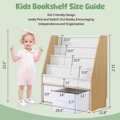 MallBest Childrens Bookshelf Kids Sling Book Rack with Two Storage Boxes and Toys Organizer Shelves Natural Solid Wood Baby Bookcase(Natural) in Saudi Arabia