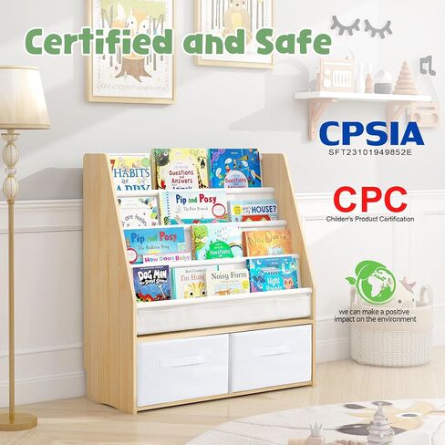 MallBest Childrens Bookshelf Kids Sling Book Rack with Two Storage Boxes and Toys Organizer Shelves Natural Solid Wood Baby Bookcase(Natural) in Saudi Arabia
