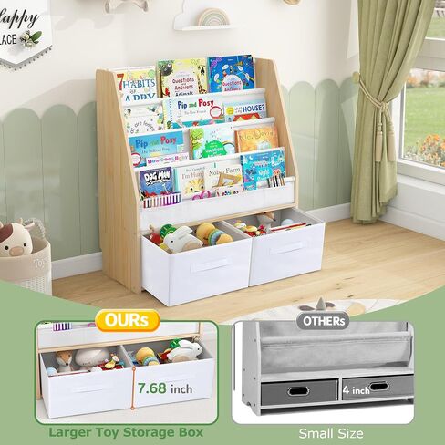 MallBest Childrens Bookshelf Kids Sling Book Rack with Two Storage Boxes and Toys Organizer Shelves Natural Solid Wood Baby Bookcase(Natural) in Saudi Arabia
