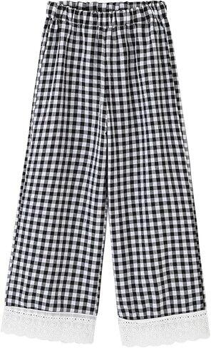 Toddler & Little Girls' Gingham Wid Leg Pants with Lace Trim in Kuwait
